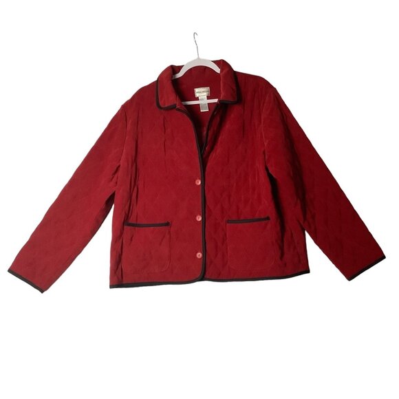 Napa Valley Red Quilted Jacket Coat Women Size XL Button Up Pockets Black Trim - Picture 1 of 6